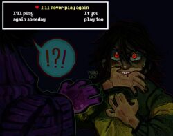  !? 1girl 1other artist_name biting biting_own_hand black_hair colored_skin commentary deltarune english_commentary english_text green_sweater highres injury kris_(deltarune) medium_hair miao_go purple_skin red_eyes reptile_girl scene_reference susie_(deltarune) sweater utdr_(toby_fox) 