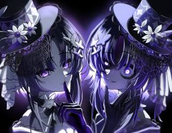  2girls absurdres bare_shoulders black_background black_gloves black_hair black_hat black_kimono bow butterfly_hat_ornament closed_mouth colored_extremities commentary_request dress fingernails flower gloves glowing glowing_eyes hat hat_flower hat_ornament highres housho_margo japanese_clothes kimono lolita_fashion long_fingernails mahou_shoujo_no_majo_saiban mini_hat mini_top_hat multiple_girls neck_ribbon off-shoulder_dress off_shoulder osumoudosukoitv parted_bangs ribbon short_hair smile spoilers top_hat violet_eyes wa_lolita witch_(manosaba) 