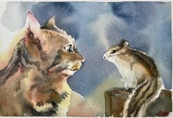  animal_focus blue_background border cat commentary_request from_side highres looking_at_another no_humans original painting_(medium) realistic shibakaka squirrel traditional_media watercolor_(medium) white_border 