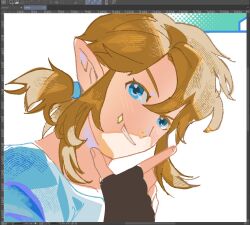  1boy art_program_in_frame black_gloves blonde_hair blue_eyes blue_shirt blue_sky_(kbluebirdart) commentary english_commentary english_text fingerless_gloves gloves hair_ornament happy link looking_at_viewer male_focus pointy_ears ponytail shirt short_hair sidelocks simple_background smile solo the_legend_of_zelda white_background 