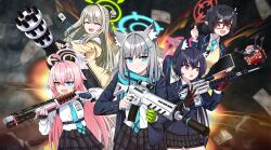  5girls ahoge animal_ear_fluff animal_ears assault_rifle ayane_(blue_archive) black_hair blue_archive blue_eyes blue_necktie cat_ears closed_eyes extra_ears fingerless_gloves glasses gloves grey_hair gun hair_ornament halo heterochromia highres holding holding_gun holding_weapon hoshino_(blue_archive) id_card jacket long_hair mismatched_pupils multiple_girls necktie nonomi_(blue_archive) open_mouth pink_hair pleated_skirt pointy_ears red-framed_eyewear red_eyes rifle rifnets_(dtiko) scarf school_uniform serika_(blue_archive) shiroko_(blue_archive) shirt shotgun sig_sauer skirt weapon 