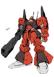  1980s_(style) aeug bazooka_(gundam) cable colored_lineart commentary_request gundam kurashou_shumei mecha mecha_focus mobile_suit no_humans one-eyed_mecha retro_artstyle rick_dias robot science_fiction signature sketch white_background zeta_gundam 
