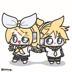  1boy 1girl aqua_eyes blonde_hair blush bow chibi chibi_only detached_sleeves hair_bow headset highres holding_hands kagamine_len kagamine_rin lulalang neckerchief necktie shadow shirt shorts sleeveless sleeveless_shirt smile twitter_username vocaloid white_background 