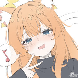  1girl animal_ear_fluff animal_ears black_shirt black_sweater blue_archive blue_eyes blush drooling eighth_note halo highres k0me long_hair long_sleeves looking_at_viewer mari_(blue_archive) mouth_drool musical_note open_mouth orange_hair shirt signature simple_background smile solo spoken_musical_note sweater twitter_username upper_body v white_background yellow_halo 