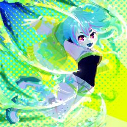  1girl black_leotard blue_hair colored_tongue fang green_pupils green_tongue highres indie_virtual_youtuber jacket leotard looking_at_viewer monster_girl multicolored_hair open_mouth piapi_ufo pink_streaks ponytail r_uipe shorts skin_fang slime_(substance) slime_girl slime_hair solo star-shaped_pupils star_(symbol) streaked_hair symbol-shaped_pupils violet_eyes virtual_youtuber white_shorts 