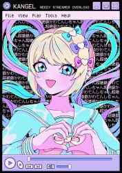  1girl :d absurdres aqua_bow aqua_eyes aqua_hair aqua_sailor_collar aqua_serafuku blonde_hair bow chouzetsusaikawa_tenshi-chan hair_bow hair_ornament heart heart_hair_ornament heart_hands highres iridescent_clothes looking_at_viewer multicolored_hair multiple_hair_bows necktie needy_girl_overdose pink_bow pink_hair play_button purple_bow quad_tails rigelwave sailor_collar smile solo twintails window_(computing) yellow_bow 