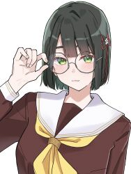  1girl :3 adjusting_eyewear bespectacled black_hair blunt_bangs blunt_ends blush bob_cut brown_dress closed_mouth dress glasses green_eyes hasu_no_sora_school_uniform highres long_sleeves looking_at_viewer love_live! love_live!_hasu_no_sora_jogakuin_school_idol_club making-of_available momose_ginko neckerchief potu_sabu round_eyewear sailor_collar sailor_dress school_uniform short_hair simple_background smile solo upper_body virtual_youtuber white_background white_sailor_collar winter_uniform yellow_neckerchief 