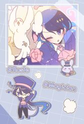  1girl :o ;o ascot bird black_pants blue_background blue_hair blush chibi coat commentary_request drop_shadow grid_background hashtag hat highres long_hair long_sleeves multiple_views nise_dorothia one_eye_closed open_mouth original outline pants pink_ascot purple_coat purple_hair purple_hat standing v-shaped_eyebrows violet_eyes white_outline 