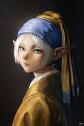  1girl absurdres artist_name black_background blue_headscarf commentary dress earrings elf english_commentary fine_art_parody frieren from_side girl_with_a_pearl_earring green_eyes headscarf highres jewelry long_pointy_ears looking_at_viewer parody parted_bangs parted_lips pearl_earrings pointy_ears simple_background solo sousou_no_frieren steb turning_head upper_body white_hair yellow_dress yellow_headscarf 