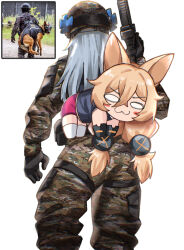  2girls :3 animal_ears black_gloves black_shirt blonde_hair camouflage camouflage_helmet camouflage_pants camouflage_shirt carrying carrying_person commentary crossed_bangs english_commentary faelynn_(girls'_frontline_2) girls'_frontline_2:_exilium girls_frontline gloves grey_background grey_hair gun helmet highres hk416_(girls'_frontline) holding holding_gun holding_weapon klukai_(girls'_frontline_2) long_hair multiple_girls pants persocon93 red_shorts reference_inset shirt shorts simple_background thigh-highs weapon white_thighhighs 
