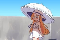  1girl akikawa_yayoi_(umamusume) bare_shoulders blue_bow blue_eyes blue_ribbon blue_sky blush bow closed_mouth commentary_request day dress hat hat_ribbon highres holding holding_umbrella long_hair long_sidelocks multicolored_hair orange_hair outdoors ribbon rotasu_(rotasqqfv) sidelocks single_sidelock sky sleeveless sleeveless_dress solo spaghetti_strap sundress sweat two-tone_hair umamusume umbrella very_long_hair white_dress white_hair white_hat white_umbrella 