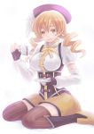  blonde_hair cup detached_sleeves drill_hair fingerless_gloves gloves hat kaizeru magical_girl mahou_shoujo_madoka_magica short_hair solo teacup tears thigh-highs thighhighs tomoe_mami twintails yellow_eyes 