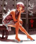  absurdres brown_eyes china_dress chinese_clothes feitie high_heels highres kiseru legs meiko pipe realistic red_hair redhead shoes short_hair sitting smoke solo vocaloid 