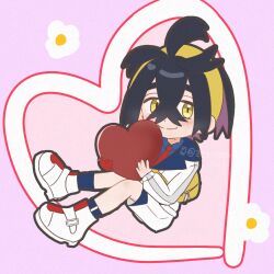  1boy ahoge black_hair blue_shirt blue_socks blush chibi chibi_only closed_mouth collared_shirt colored_inner_hair commentary_request crossed_bangs flower_symbol hair_between_eyes hairband heart highres holding holding_heart jacket kieran_(pokemon) male_focus multicolored_hair necktie pokemon pokemon_scarlet_and_violet red_necktie shirt shoes shorts smile socks solo white_jacket white_shoes white_shorts yellow_eyes yellow_hairband zerozerokiss 