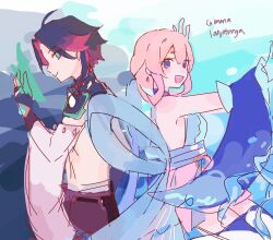  1boy 1girl black_hair coral_hair_ornament detached_sleeves dress fingerless_gloves genshin_impact gloves green_eyes hair_ornament highres mimi_(genshin_impact) multicolored_hair pink_hair poksiii purple_dress red_hair shoulder_spikes sidelocks_tied_back single_detached_sleeve sketch spikes updo violet_eyes vision_(genshin_impact) wave_print xiao_(beta_design)_(genshin_impact) xiao_(genshin_impact) 