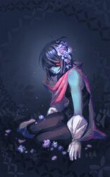  1other absurdres blue_flower blue_hair blue_skin cape colored_skin commentary_request deltarune eating_flower flower gloves highres kris_(dark_world)_(deltarune) kris_(deltarune) on_ground ondine2002 petals red_eyes short_hair sitting solo utdr_(toby_fox) 