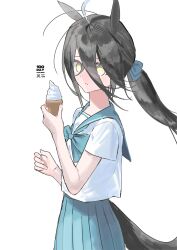 1girl absurdres ahoge animal_ears black_hair blue_bow blue_skirt blush bow closed_mouth commentary english_commentary hair_between_eyes hair_bow highres holding holding_ice_cream_cone horse_ears horse_girl horse_tail ice_cream_cone long_bangs long_hair long_hair_between_eyes looking_at_viewer low_ponytail manhattan_cafe_(umamusume) multicolored_hair pleated_skirt ponytail sailor_collar sailor_shirt school_uniform serafuku shirt short_sleeves skirt solo tail umamusume wazawai_(isotwen) white_hair white_sailor_collar white_shirt yellow_eyes 