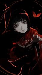  1girl black_eyes black_hair bug butterfly closed_mouth commentary_request fatal_frame fatal_frame_ii:_crimson_butterfly gauss_<bokashi highres japanese_clothes kimono pale_skin print_kimono reaching reaching_towards_viewer red_butterfly red_kimono solo tachibana_chitose 