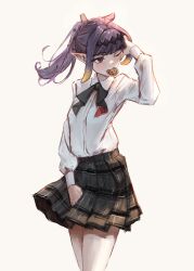  1girl absurdres black_hairband blunt_bangs cowboy_shot diamond_hairband eyepatch hairband highres hololive hololive_english mole mole_under_eye multicolored_hair ninomae_ina'nis ninomae_ina'nis_(school_uniform) official_alternate_costume one_eye_closed orange_hair pointy_ears purple_hair school_uniform shirt side_ponytail simple_background skirt solo tablicoart tentacle_hair virtual_youtuber white_background white_shirt 