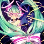  aqua_eyes aqua_hair bow goggles hair_bow hatsune_miku headphones headset long_hair siting_zeng solo twintails very_long_hair vocaloid wink 