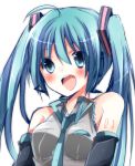  :d ahoge aqua_eyes aqua_hair bad_id blush bust detached_sleeves face hatsune_miku headset kishi_naon long_hair necktie open_mouth simple_background smile solo twintails vocaloid 