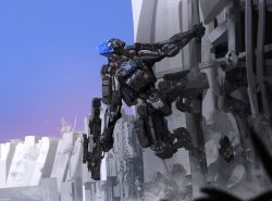  absurdres blue_sky bulletproof_vest cityscape climbing_wall cqcnorthfish gun highres looking_to_the_side mecha mechanical_arms mechanical_legs military_patch original pouch robot sky submachine_gun weapon 
