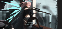  1girl absurdres aiming ambriel_(arknights) arknights ayana_(21074433) black_boots black_jacket black_pantyhose black_shirt black_shorts blue_wings body_armor boots bulletproof_vest commentary_request commission cropped_shirt detached_wings energy_wings from_side gun halo highres holding holding_gun holding_weapon jacket jacket_on_shoulders knee_guards long_hair midriff pantyhose pink_eyes pink_hair pixiv_commission rifle shirt short_sleeves shorts sniper_rifle solo weapon wings 