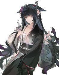  1girl absurdres arknights black_hair black_kimono black_sash blue_eyes blunt_bangs chest_sarashi chinese_commentary commentary_request flower hair_flower hair_intakes hair_ornament hair_wings highres holding holding_sword holding_weapon japanese_clothes kimono long_hair long_sleeves looking_at_viewer mio_(arknights) parted_lips pink_flower sarashi sash short_sword simple_background sitting solo sword two-tone_kimono wakizashi weapon white_background xingzhuang_guaimao_get 