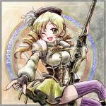  blonde_hair blush drill_hair fingerless_gloves gloves gun hair_ornament hat magical_girl mahou_shoujo_madoka_magica nanashii_(soregasisan) pointing rifle smile solo striped_legwear thigh-highs thighhighs tomoe_mami twin_drills vertical-striped_legwear vertical_stripes weapon wink yellow_eyes zettai_ryouiki 