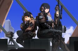 2girls absurdres anti-materiel_rifle armor assault_rifle back-to-back baseball_cap blue_sky bulletproof_vest camera cityscape commentary cqcnorthfish gun hat headphones highres mechanical_legs military_patch military_uniform multiple_girls original rifle sky smile sniper_rifle tripod weapon 