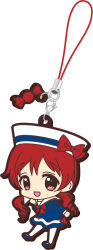  1girl :d black_outline blue_dress blue_shoes bow bowtie candy_wrapper charm_(object) chibi curled_ends dress full_body gochuumon_wa_usagi_desu_ka? hand_on_own_chin hat hat_bow long_hair long_sleeves looking_at_viewer low_twintails mary_janes natsu_megumi official_art open_mouth outline pantyhose red_bow red_bowtie red_eyes red_hair sailor_collar sailor_dress sailor_hat shoes smile solo standing standing_on_one_leg twintails white_background white_hat white_pantyhose white_sailor_collar 