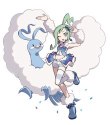  altaria arm_warmers blue_choker choker commentary_request earrings fluffy green_hair highres idol jewelry lisia_(pokemon) looking_at_viewer mega_stone one_eye_closed overskirt pokemon pokemon_(creature) pokemon_omega_ruby_and_alpha_sapphire pom_107 shorts shorts_under_skirt simple_background striped_clothes striped_thighhighs thigh-highs white_background 