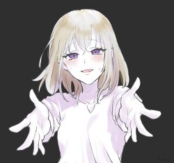  1girl bang_dream! bang_dream!_it's_mygo!!!!! black_background blonde_hair blush commentary_request empty_eyes medium_hair misumi_uika parted_lips reaching reaching_towards_viewer shirt smile solo sweat uiro_tori upper_body violet_eyes white_shirt 