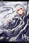  armor cloak dress elbow_gloves flag fur_trim gloves hat hoodie long_hair multiple_girls necktie pixiv_fantasia pixiv_fantasia_5 polearm red_eyes silver_hair sinsora snow weapon white_hair 