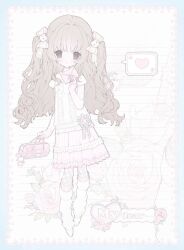  1girl bag bow brown_eyes brown_hair charm_(object) flower frilled_skirt frilled_sleeves frills full_body hair_bow heart highres holding holding_bag holding_letter layered_sleeves leg_warmers letter long_sleeves original pantyhose pastel_colors pink_bag pink_bow polka_dot polka_dot_pantyhose red_flower red_rose rose short_over_long_sleeves short_sleeves skirt spoken_heart white_leg_warmers yuaria_s2s2 zoom_layer 