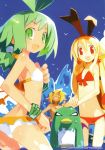  akutare ass axel_(disgaea) bikini bird blonde_hair disgaea earrings fang flat_chest flonne flonne_(fallen_angel) green_eyes green_hair harada_takehito jewelry kurtis long_hair looking_back marona navel nippon_ichi official_art open_mouth phantom_brave pointy_ears red_eyes smile swimsuit wading water 