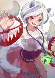  1girl absurdres animal_ears bare_shoulders bear_trap blue_hair blue_nails collarbone commentary dog_ears dog_tail fingernails gradient_background highres long_fingernails looking_at_viewer mitsugashira_enoko mizuki_0630 multicolored_hair multiple_tails parted_lips paw_pose pink_skirt purple_shirt red_eyes see-through_clothes sharp_fingernails shirt short_hair skirt sleeveless sleeveless_shirt smile solo tail teeth tongue tongue_out touhou two-tone_hair upper_teeth_only white_hair 