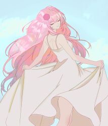 1girl blue_sky breasts closed_eyes closed_mouth commentary cyrene_(demiurge)_(honkai:_star_rail) cyrene_(honkai:_star_rail) dress english_commentary evasprmanager flower hair_flower hair_ornament highres honkai:_star_rail honkai_(series) long_hair medium_breasts pink_hair sky smile solo very_long_hair white_dress 