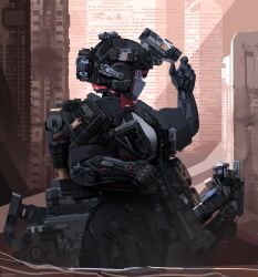  1girl absurdres bulletproof_vest cityscape combat_helmet cqcnorthfish first_aid_kit gun helmet highres mecha_musume mechanical_arms night_vision_device original red_eyes robot submachine_gun tactical_clothes weapon 