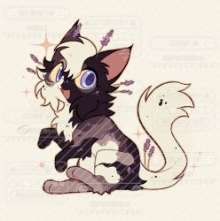  :3 animal animal_focus black_fur cat colored_sclera commission deformed flat_color flower fluffy full_body grey_cat grey_fur highres lavender_(flower) looking_at_viewer mihuashi_commission multicolored_fur no_humans open_mouth original simple_background solo sparkle too_many_watermarks violet_eyes warrior_cats watermark white_background white_fur xian_luobu_ou_jiehun_bot yellow_sclera 