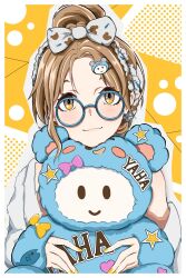  1girl :3 blush bow brown_hair commentary_request goma_(gogo_gowa) happy_birthday highres holding holding_stuffed_toy ichikawa_hinana idolmaster looking_at_viewer off_shoulder round_eyewear shirt solo stuffed_animal stuffed_toy upper_body white_shirt yellow_eyes 