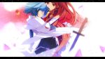  alternate_hairstyle blue_eyes blue_hair blurry cape depth_of_field detached_sleeves gloves hair_down hand_on_another's_face hand_on_face hinata123 knife letterboxed long_hair magical_girl mahou_shoujo_madoka_magica miki_sayaka multiple_girls red_eyes red_hair redhead sakura_kyouko short_hair soul_gem white_gloves 