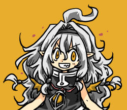  1girl ahoge amahara_(amahara_teikoku) black_dress black_hairband dress grey_hair grin hair_between_eyes hair_intakes hairband highres isekai_dungeon_master_onsen_dungeon_wo_tsukuru long_hair looking_at_viewer official_artist_extra orange_background orange_eyes peta_(isekai_dungeon_master_onsen_dungeon_wo_tsukuru) pointy_ears sharp_teeth simple_background sleeveless smile solo teeth upper_body v-shaped_eyebrows very_long_hair wings yellow_eyes 