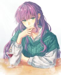  1girl absurdres alcohol closed_mouth cocktail_glass commentary cup drinking_glass elbows_on_table english_commentary green_eyes green_sweater half_updo highres jewelry layered_sleeves long_sleeves looking_at_viewer love_live! love_live!_hasu_no_sora_jogakuin_school_idol_club making-of_available necklace otomune_kozue otomune_kozue_(in_university) purple_hair shirt short-sleeved_sweater short_over_long_sleeves short_sleeves sidelocks simple_background smile solo sweater virtual_youtuber white_background white_shirt wine zenma_trang 