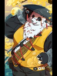  1boy animal_ears belly black_fur bracelet chinese_clothes commentary crumbs english_commentary food highres holding holding_food jewelry looking_to_the_side multicolored_fur multiple_rings nong_gai open_mouth pan_yinhu panda_boy panda_ears plump ring round_eyewear shirt smile spiked_bracelet spikes steamed_bun white_fur wok yellow_shirt zenless_zone_zero 