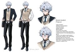  1boy absurdres alternate_costume antenna_hair black_choker black_jacket black_necktie blazer blue_eyes blue_necktie brown_vest choker collared_shirt commentary english_commentary glasses highres honkai:_star_rail honkai_(series) jacket male_focus melucky18 multiple_views neck_tattoo necktie open_clothes open_jacket parted_bangs phainon_(honkai:_star_rail) school_uniform shirt short_hair striped_clothes striped_necktie sun_symbol sun_tattoo tattoo twitter_username two-tone_necktie vest white_hair white_shirt 