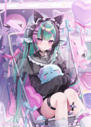  1girl aqua_hair balloon bandaid bandaid_on_leg black_choker black_hair black_sailor_collar black_shirt blue_ribbon blush bow bow_earrings choker commentary_request company_name copyright_notice earrings fin_piercing finana_ryugu finana_ryugu_(jirai_kei) fins fish_skeleton_hair_ornament frilled_sailor_collar frills hair_ornament head_fins heart_balloon holding holding_stuffed_toy in_shopping_cart jewelry long_hair long_sleeves maid_headdress multicolored_hair neck_tattoo necklace nijisanji nijisanji_en o-ring o-ring_choker official_art oversized_clothes oversized_shirt pink_hair pink_ribbon ribbon sailor_collar sample_watermark shell shell_necklace shirt shopping_cart shu_bii side_ponytail sleeves_past_fingers sleeves_past_wrists socks solo streaked_hair stuffed_animal stuffed_octopus stuffed_squid stuffed_toy tattoo thigh_strap very_long_hair violet_eyes virtual_youtuber watermark white_socks 