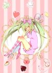  argyle argyle_legwear bad_id bow cake clubs cup diamond food footwear green_hair hair_bow hatsune_miku heart kame_nyanko key kneehighs lock long_hair open_mouth pink_legwear pocket_watch sitting socks solo spade teacup twintails very_long_hair vocaloid watch 