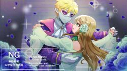  1boy 1girl ascot black_sclera blonde_hair blue_flower blue_petals blue_rose brooch brown_hair cecily_ehrlein coat collared_shirt colored_sclera commentary dancing dress eyebrows_hidden_by_hair falling_petals fingernails flower formal_clothes gem green_eyes hair_flower hair_ornament hand_on_another's_back jewelry juliet_sleeves kaze_to_hanakyoku_no_anburera long_hair long_sleeves looking_at_another parted_lips petals pointy_ears puffy_sleeves purple_coat purple_gem purple_nails rose sharp_fingernails shira_yu_ki shirt short_hair smile upper_body violet_eyes waltz_(dance) white_ascot white_dress white_flower white_rose wide_sleeves zehyra_(kaze_to_hanakyoku_no_anburera) 