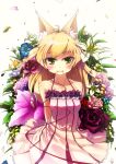  animal_ears arms_behind_back blonde_hair fang flower fox_ears glycyrrhizae green_eyes highres hydrangea lily_(flower) long_hair mouth_hold original purple_rose red_rose rose solo white_rose 